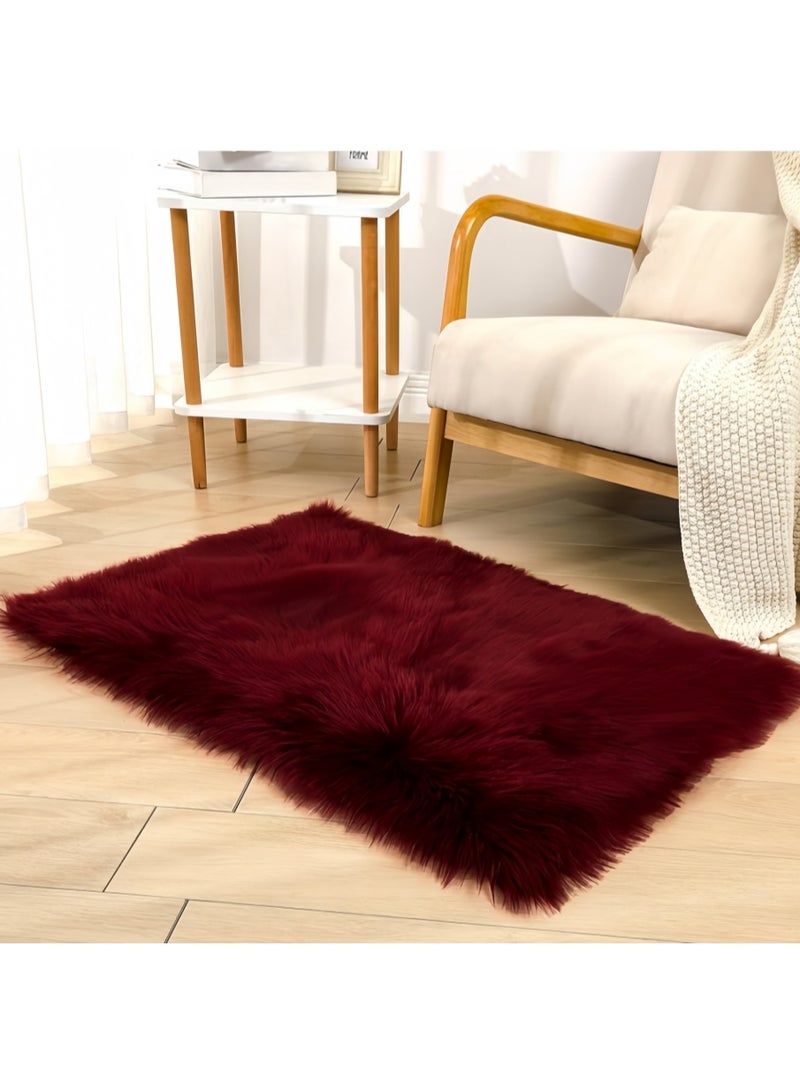Ultra Soft Fluffy Rug, Burgundy Faux Sheepskin Fur Area Rug, Shaggy Couch Cover Seat Cushion Furry Carpet Beside Rugs for Bedroom Floor Sofa Living Room Runner, 60*90CM (Y2551) - Image 1
